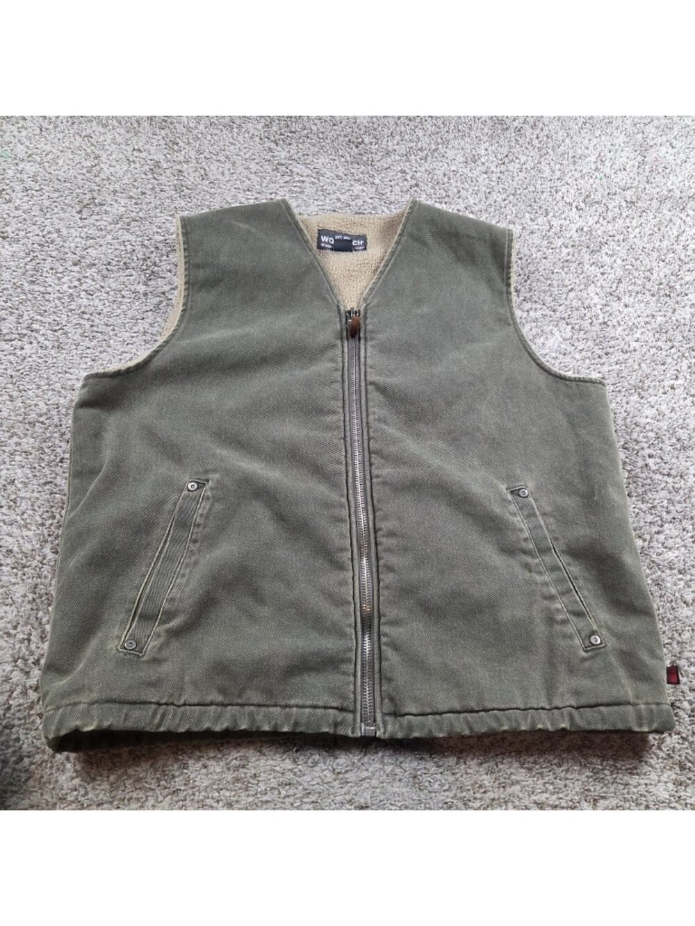 Woolrich Vest Mens Large Green  Canvas Sherpa Fleece Lined Full Zip Distressed